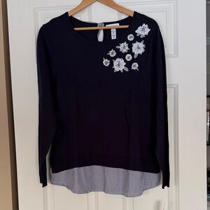 Charter Club Black Long Sleeve Top with White Floral Design